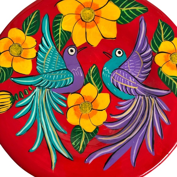 Vintage Mexican Folk Art Pottery Plate Birds Flowers Redware Tonala Style - Picture 2 of 8